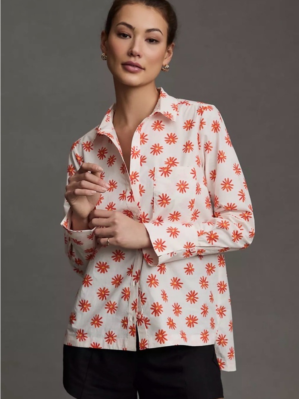 Maeve Anthropologie Floral Button Down Top XXSP White Orange Daisy Cotton
